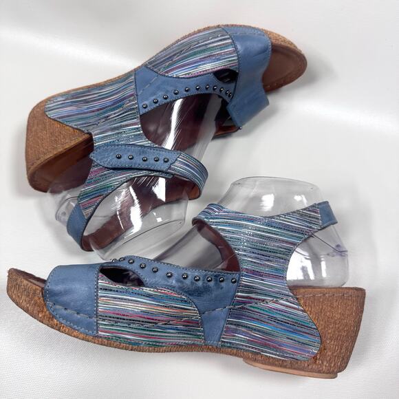 Spring Step Blue Stud Striped Ankle Strap Sandal Wedge Artsy Boho Lightweight 41 - Picture 2 of 6